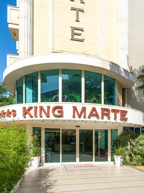 Ingresso elegante hotel con palme, atmosfera accogliente e moderna.